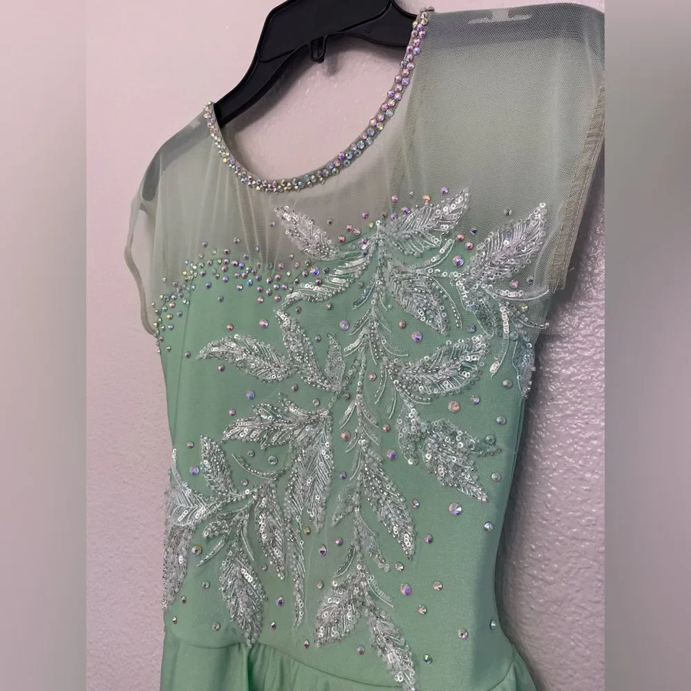 Custom solo dance ice skating ballet costume mint green pastel rhinestoned LC